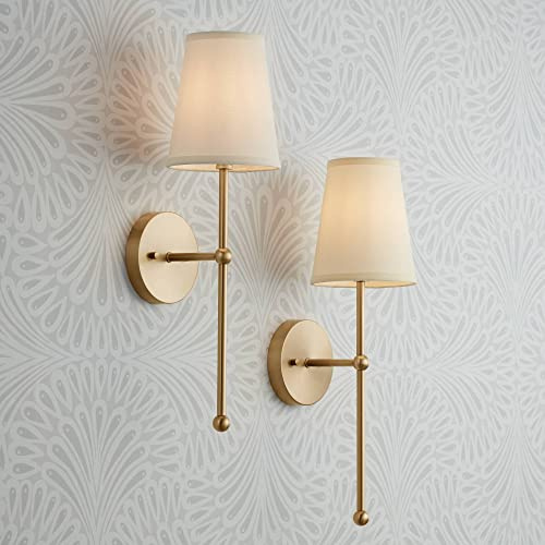 Possini Euro Design Elena Modern Wall Light Sconces Set of 2 Warm Brass Gold Metal Hardwired 6 Cream Linen Shade for Bedroom Bedside Living Room House Home Hallway Dining Kitchen
