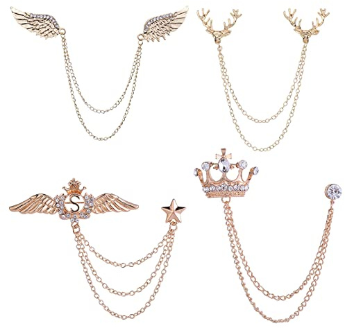 XHBTS 4 Stück Hirschkopf Doppelgliedketten, Strass Metall Feder Revers Pin, Krone mit hängender Kette Brosche Kragen Pins, Adler Kristall Kette Brosche Pin für Krawatte Hut Schal