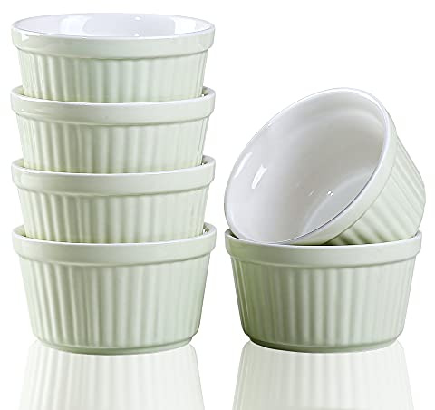 YAZYLIFE Ramekins - Apto para horno de 6 onzas, color crema Brulee Ramekins y platos de souflé, cuencos de porcelana Ramekin, plato de salsa de inmersión. Vasos de pudín, juego de 6 unidades.