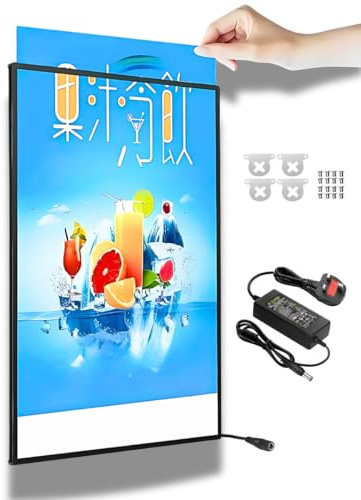A2 LED Light Box (420 x 594 mm) - Ultra-Slim Wall-Mounted Advertising Frame with UK Adapter, Tempered Glass Poster Frame, Backlit Menu Board for Restaurants, Shops, Cafes - Illuminated Sign (Black)