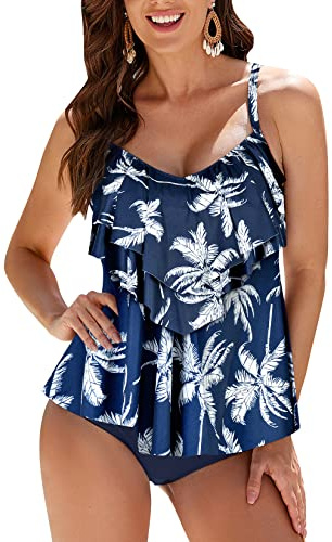 WIN.MAX Women's Tankini Sets Ruffled Flounce 2 Pieces Swimwear with High Waist Bottom Plus Size Swimsuit （Coconut Tree，UK16）