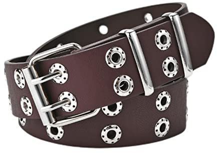 Damen Punk-Gürtel, schwarz, doppelte Ösen, Sterne, verstellbarer Taillengürtel mit Kette, Hip-Hop-Stil, N-Kaffee, Medium(waist under 36'')
