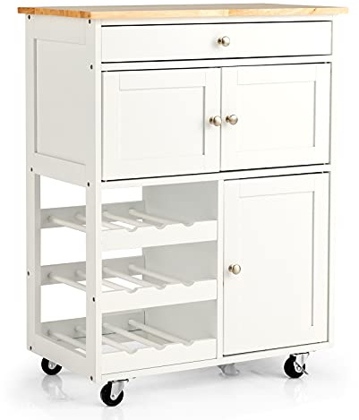 GOPLUS Desserte de Cuisine à roulettes, Chariot de Cuisine en Bois avec Casiers à Vin 3 Niveaux pour 9 Bouteilles, Tiroir et 2 Placards, 67 x 37 x 86 CM, Blanc