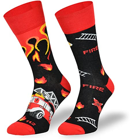 Autosiatki Bunte Interessante Socken - Lustige Seltsame Socken - Verrückte Ausgefallene Socken - Skurrile Socken für Erwachsene - Baumwolle - für Frauen Männer - Feuerwehr- 35-38