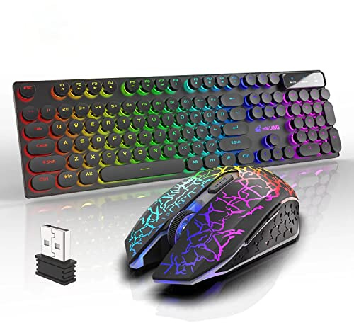 Rechargeable Wireless Mechanical Sense Gaming Keyboard and Mouse Set Rainbow LED 104 Keys USB Illuminated Keyboard Suitable for All Kinds of Computers, Game Consoles with USB Interface