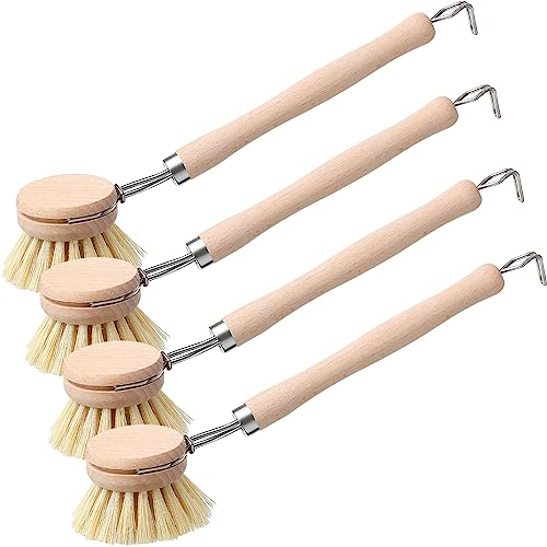 Maxdot 4 Pcs Kitchen Dish Brush with Handle Dish Washing Brush with Wood Handle and Fiber Bristles Dish Scrub Brush Natural Wooden Dish Brush for Pots Pans and Kitchen Utensils Cleaning Supplies