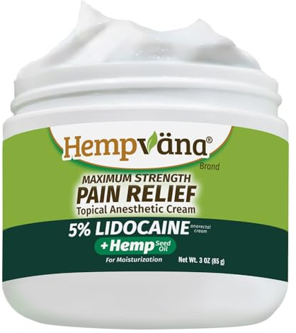 Hempvana 5% Lidocaine Relief Cream, Maximum Strength, AS SEEN ON TV, Strong Cream, Numbs Irritated Nerves for Fast Anorectal Relief, Non-Greasy, Targeted Long-Lasting Relief. Enriched with Hemp, 3 Oz