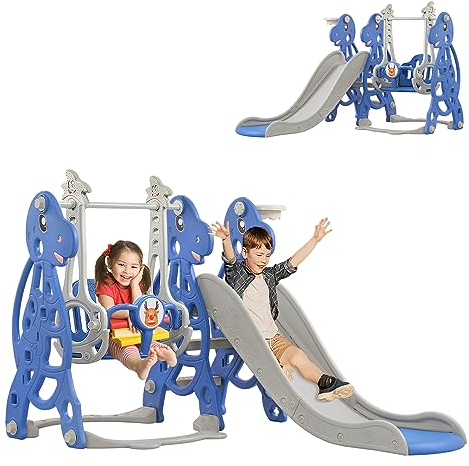 SUBTLETY Kinderrutsche 4 in 1 Freistehende Rutsche für Kinder Indoor Outdoor Kleinkinderrutsche mit Basketballkorb & Schaukel & Kletterturm Gartenrutsche für Kinder ab 1 Jahr (Typ B)