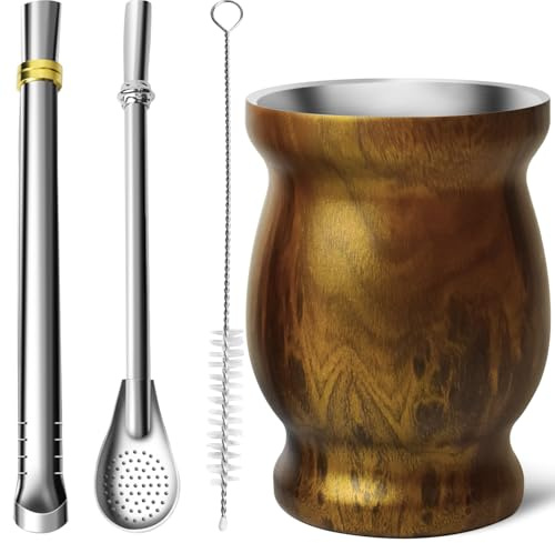 Artcome Set di 4 tazze in acciaio inox per Yerba Mate, 1 tazza in acciaio inox a doppia parete (legno), 2 bombillas (cannuccia Yerba Mate), 1 spazzola, facile da pulire, solido e durevole