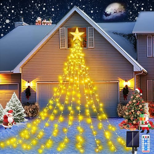 JIMACRO Weihnachtsbaum Außenlichter, 9Pcs*2M Solar Christbaumbeleuchtung mit Sterne, 8 Modi 198 LEDs Wasserdicht LED Weihnachtsbaum Lichterkette mit Fernbedienung Außen für Rasen, Garten, Party, Fest