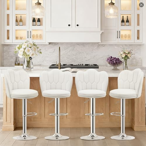 VECELO Bar Stools Set of 4, Adjustable Barstools with Back, Velvet Armless Counter Height Stool Kitchen Island Stool Swivel Bar Stools, White