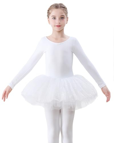 FONLAM Robe de Ballet Danse pour Fille Justaucorps Danse Ballet Coton Manche Longue Tutu Ballet Paillettes Enfant (Blanc, 7-8 ans)