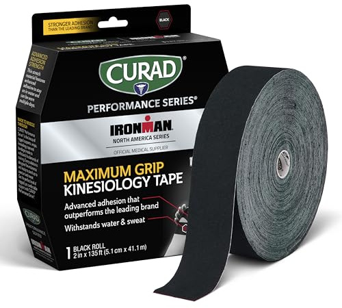 CURAD Performance Series Ironman Maximum Grip Kinesiology Tape, Sweat & Water Resistant Athletic Tape, Cotton Elastic Compression Support for Joints & Muscles, Black, 2 inches x 135 feet (1 Roll)