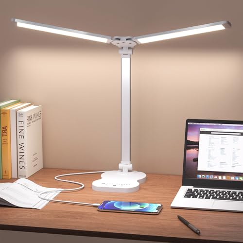 Aisutha Schreibtischlampe led,Double Arm Schreibtischlampe mit 5 Farben＆10 Helligkeitsstufen,Schreibtisch Lampe mit 45min Timer-Off,Touch-Steuerung Led Tischlampe für Studium (Weiß)