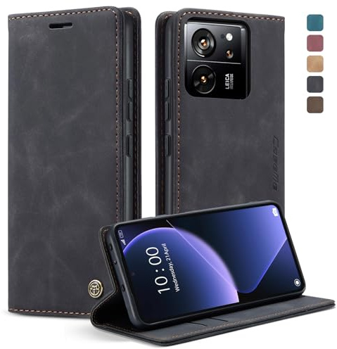 owlhold Handyhülle für Xiaomi 13T/13T Pro Hülle, Premium Lederhülle Weiches Vintage-Nubukleder Faltbare Ständer Klapphülle Kartenfach Standfunktion stoßfest Schutzhülle für Xiaomi 13T/13T Pro -Schwarz