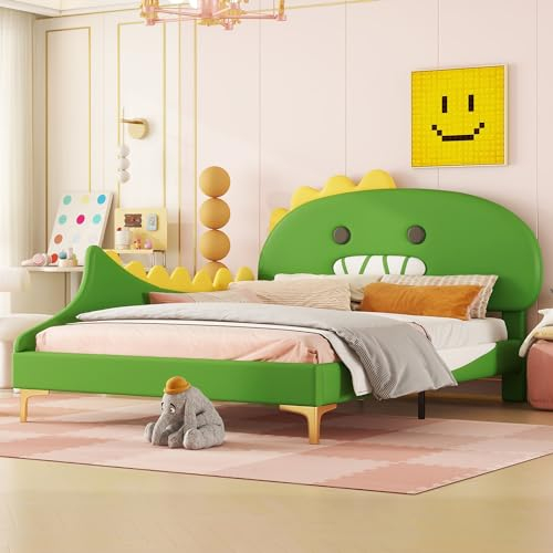MQLAE Kinderbett 140x200, Mädchen Bett Jugendbett Polsterbett Doppelbett, Dinosaurierform, Bettgestell mit Lattenrost und Weiche Rückenlehne, Bett für Jungen und Mädchen, PU, Grün, ohne Matratze