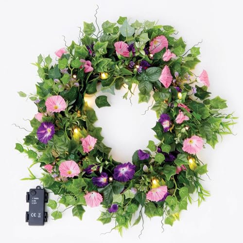 Artifical Flower Garland OR Wreath | Warm White LED Lights | Pink Purple | Porch Garden Front Door (Wreath 40cm)