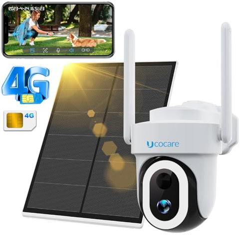 UCOCARE Telecamera con SIM, 4MP Telecamera con SIM 4G da Esterno con Pannello Solare 8W, Batteria 15000mAh, 360° PTZ, Visione Notturna a Colori con 14 Luci, Rilevamento Movimento AI, IP67