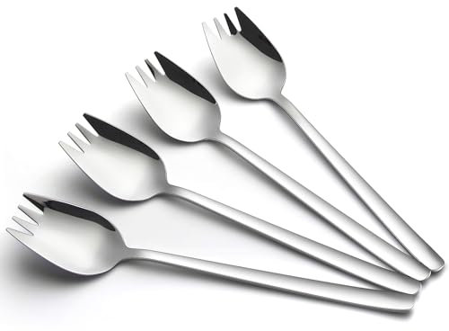 AYFDISHS Stainless Steel Sporks, 7.4 Inches Salad Forks for Dessert, Ice Cream, Soup, Noodle, Portable Utensil for Camping & Hiking Easy Packing, Durable Camping Cookware Accessories, 4-Pack
