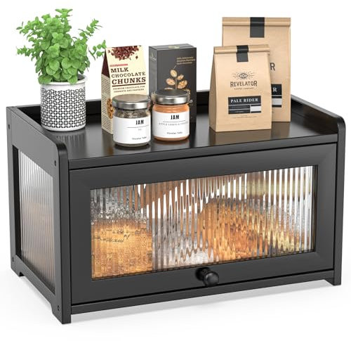 BAMBANG Bamboo Bread Bins for Kitchen, Wooden Bread Box Storage Container Box with 3 Sides Wavy & Back Clear Window, Large Breadbin Breadbox for Homemade Bread, Black