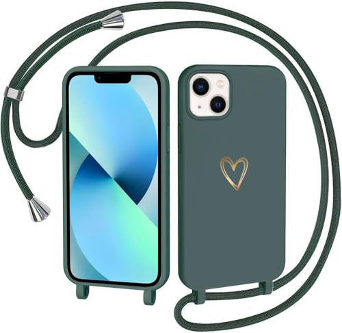 CaseLover Handyband kompatibel mit iPhone 14 Hülle mit Band, Grün | Herz Muster, Silikon Necklace Handyhülle mit Abnehmbar Kordel zum Umhängen, Stossfest Bumper Handy Schutzhülle Case 6.1