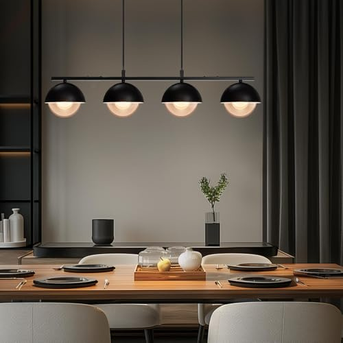 Litake Pendelleuchte Esstisch Glas Hängelampe 4-flammig Modern Metall in Schwarz Retro Hängeleuchte Industrial Höhenverstellbar für Esszimmer Restaurant Café Max.60W 4 x G9(ohne Leuchtmittel)