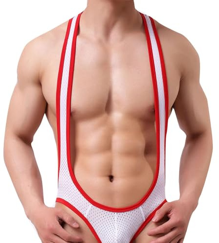 ROSVAJFY Men Sexy One Piece Jockstrap Leotard Wrestling Singlet Thong Underwear Mesh Jumpsuit Stretch Breathable Bodysuit (White)