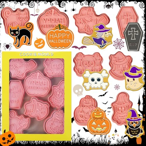 Weploda 8 Stück Halloween Plätzchenform Ausstecher, 3D Halloween Ausstechformen, Halloween Ausstecher Kinder, Geprägte Fondant-Ausstecher Für Halloween-Kuchendeko Partyzubehör(Rosa)