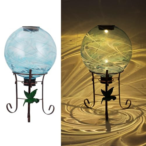 VEWOGIFT 25,4 cm Solar-Glaskugel, mit 23,9 cm hohem Metall-Ständer, Solar-Kugel-Lichter, Displayhalter-Set für den Außenbereich, Garten, Rasen, Hof, Dekoration, blaue Wasserwellung