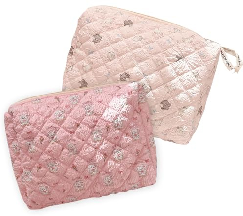 TYXHXTF 2 Pcs Reise Kosmetiktasche, Gesteppte Kulturtasche Damen, Kosmetiktasche Groß Kapazität, Make up Tasche für Kinder Damen
