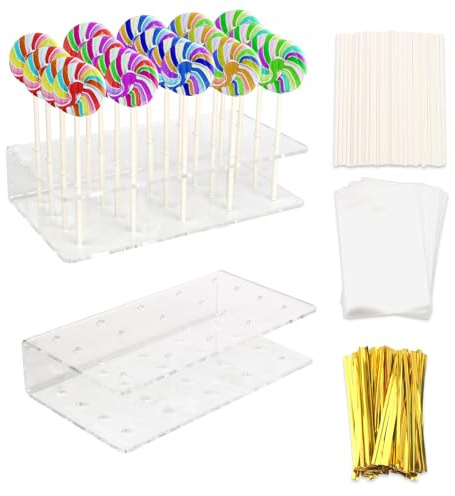 2 Stück Cake Pop Ständer Transparent 20 Löcher Mit 100 Cake Pop Stielen | Transparenter Cake Pop Ständer Mit 20 Löchern, Inkl. 100 Stielen, Ideal Für Desserttisch Und Party