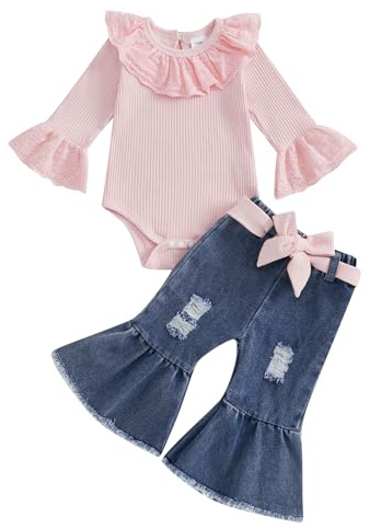 XIXIMAON Neonata Bambina Autunno Outfit Increspature Manica Lunga Girocollo A Costine Pagliaccetto Strappato Jeans Svasati Denim Pantaloni Bow Cintura Neonato Vest