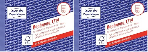 AVERY Zweckform 1714 Rechnung speziell für Österreich (A6 quer, 2x40 Blatt, selbstdurchschreibend mit farbigem Durchschlag, zur Erfassung aller rechtlich erforderlichen Angaben) weiß/gelb