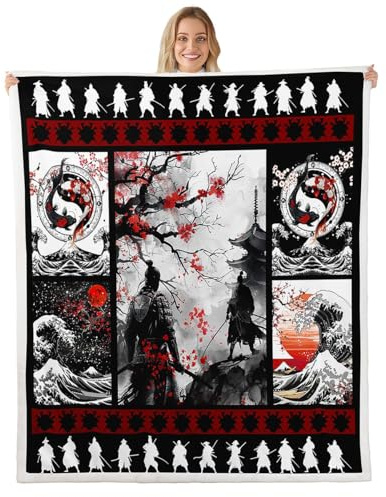 Loussiesd Coperta in pile samurai 101 x 127 cm, con fiori di ciliegio, coperta in sherpa, per bambini e bambine, con pesci koi giapponesi, onde oceaniche, coperta in peluche a quadri in stile