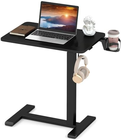 LIFEZEAL Betttisch höhenverstellbar, Mobiles Stehpult mit Rollen, Beistelltisch Krankenhausbetttisch mit Getränkehalter, Kopfhörerhaken, Laptoptisch für Zuhause, Büro, Krankenhaus (Schwarz)
