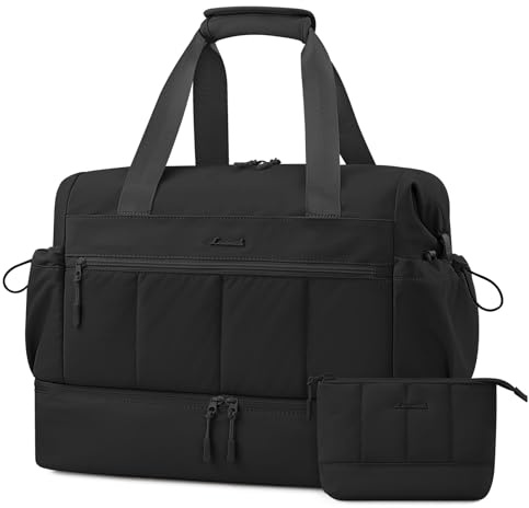 LOVEVOOK Reisetasche Damen, Leicht Weekender Handgepäck Tasche, Travel Duffle Bag für Flugzeug Reise, Wasserdicht Kliniktasche Geburt Krankenhaustasche Sporttasche mit Schuhfach für Gym, Schwarz