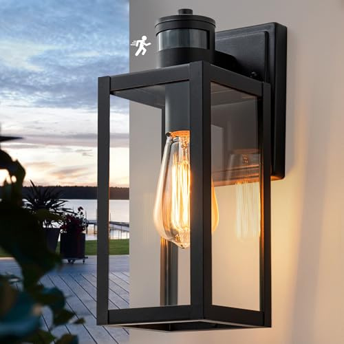 FTL Applique Murale Exterieur Détecteur de Mouvement,E27 Lanterne Murale Lampe Extérieur avec Capteur de Mouvement,Noir IP44 Luminaire Exterieur Mural avec Verre Transparent pour Porte d'entrée,Jardin