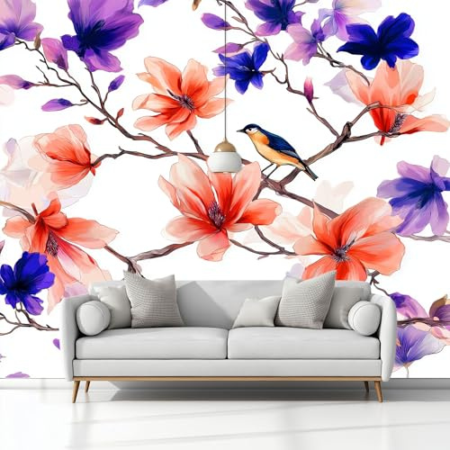 Acquerello Fiori Uccelli Carta Da Parati 3D Fotomurale Murali 400 x 280 cm Moderna Fotomurali Murales, Bianco Poster Decorazione Da Muro, Per Soggiorno Divano Tv Hotel A Tema Corridoio