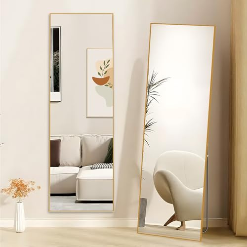 Hamlody Miroir sur Pied 162x52cm, Grand Miroir Mural Rectangulaire, à Poser au Sol Debout, Suspendu ou appuyé Contre Le Mur pour Chambre, Salon, Dressing, Entrée, Doré Miroir Pleine Longueur