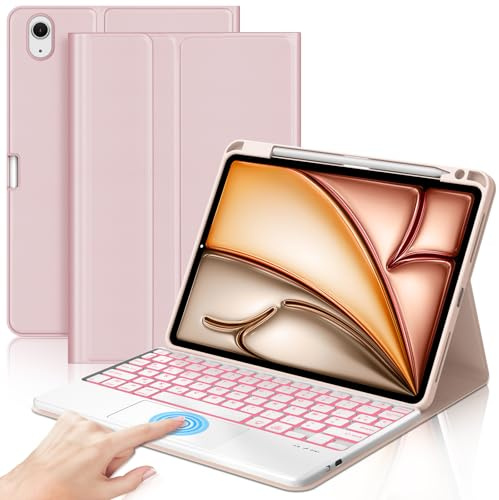IVEOPPE Clavier iPad Air 11 Pouces M3/M2 (2025/2024) avec Pavé Tactile, Coque Keyboard Trackpad AZERTY Français rétroéclairé 7 Couleurs, Étui Clavier Détachable sans Fil Bluetooth, Rose Clair