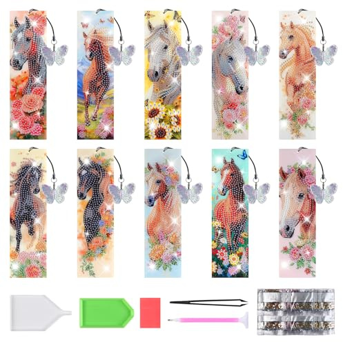Diamond Painting Kinder Lesezeichen Pferd, 10PCS Diamant Painting Bookmark | Pferde Geschenk Bastelset ab 5 Jahre, DIY Spielzeug Geschenke, Basteln Kindergeburtstag für Mädchen Jungen