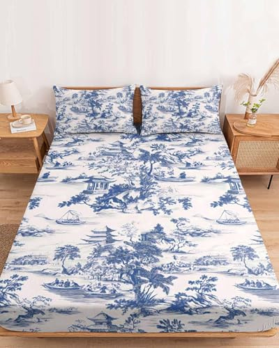Fitted Sheets Elastic Deep Pocket Bed Sheet King Blue Chinoiserie Garden Pavilion Soft Brushed Microfiber Bed Sheets Set, Asian Scenic Hill Boat Plant Mattress Cover Up Fitted Sheet Pillowcase