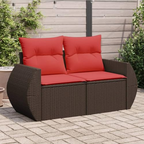 Kaloriko Gartensofa mit Kissen 2-Sitzer Braun, Poly Rattan UV-beständig, Outdoor Loungesofa mit Aufbewahrungsbox, Gartenmöbel Set