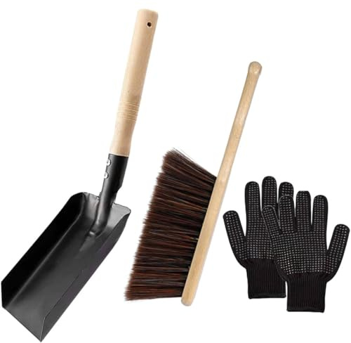 HOMSFOU Kit de Limpieza para Chimenea Pala de Carbón y Cepillo de Cerdas Naturales, Guantes Térmicos de Silicona, Mango de Madera, Adecuado para Uso en Estufas de Leña