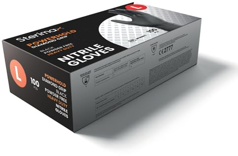 IDEAL 365 PowerHold Nitrile Diamond Grip Gloves – Tough Heavy Duty 0.22mm Thick Disposable Gloves, Chemical Splash Resistant, Food Safe, Latex Free, Industrial Grade (100 Pack) (1, Black, Large)