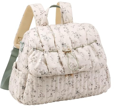 Lushandy Gesteppter Wickeltaschen-Rucksack, Vintage-Blumenmuster, Wickelrucksack, große Baby-Reisetasche, Krankenhaus-Tasche, Grün , Large, Gesteppter Wickelrucksack mit Blumenmuster