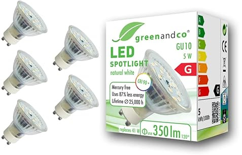 greenandco 5x GU10 LED Spot | 5W 350 lm | 4000K neutralweiß | 110° | 230V | CRI 90+ | flimmerfrei | nicht dimmbar