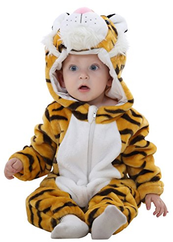 COOKY.D Newborn Infant Hooded Flannel Romper Autumn Winter Outfit Toddler Jumpsuit Long Sleeve Playsuits for Baby Girls Boys, 12-18 Months, Tiger
