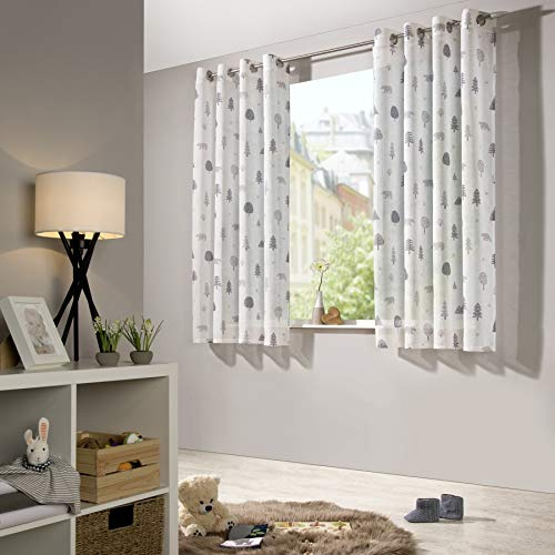 heimtexland® Niños Cortina Aspecto de Lino Transparente Natural Gris skandinavisch Bosque Oso Cortina Infantil Cortina o Banda – Ökotex typ563, poliéster, Blanco y Gris, HxB 175x135 cm mit Ösen