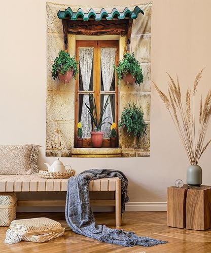 ABAKUHAUS Rustikal Wandteppich, Altes Fenster und Blumen aus Weiches Mikrofaser Stoff Waschbar ohne Verblassen Digitaldruck, 150 x 110 cm,Beige Grün